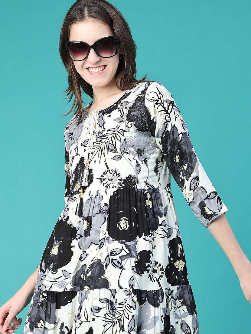 women printed three quarter sleeves tiered dress - 22551988 -  Standard Image - 1