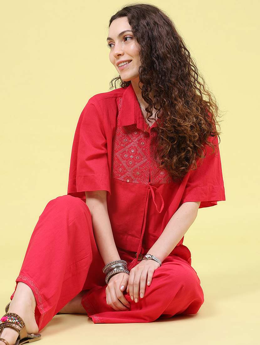 Women Solid With Work Short Sleeve Ethnic Co-ord Set - 22553141 -  Standard Image - 4