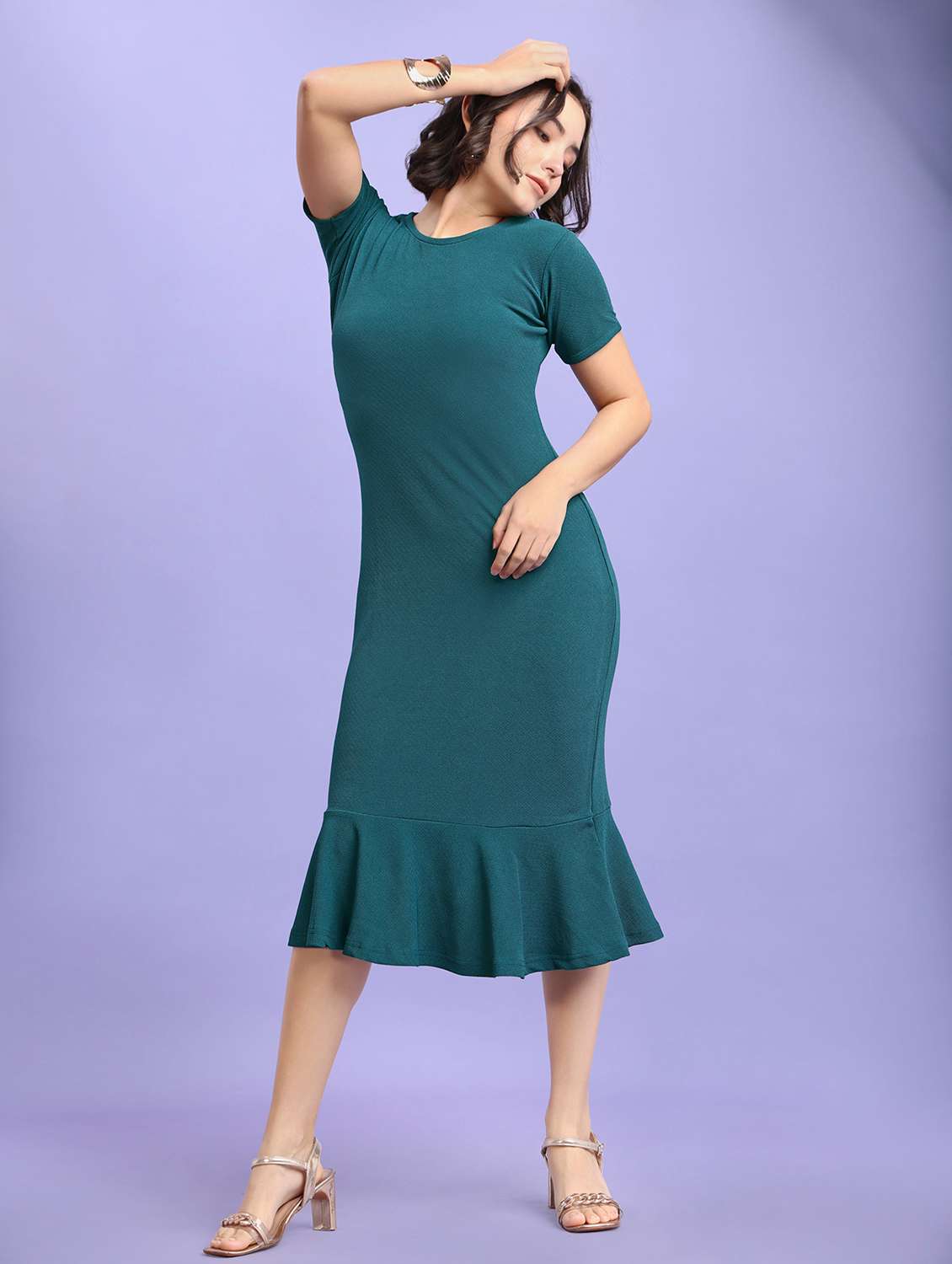 women solid round neck sheath dress