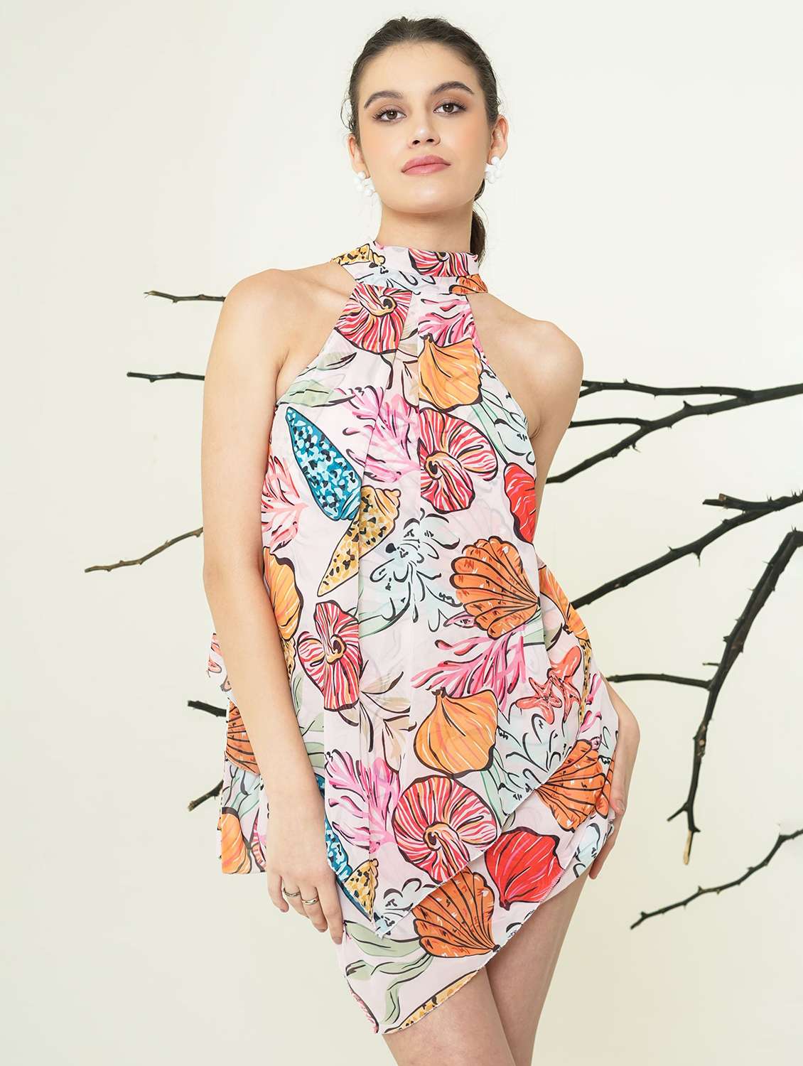 women printed halter neck asymmetric dress - 22553356 -  Standard Image - 1