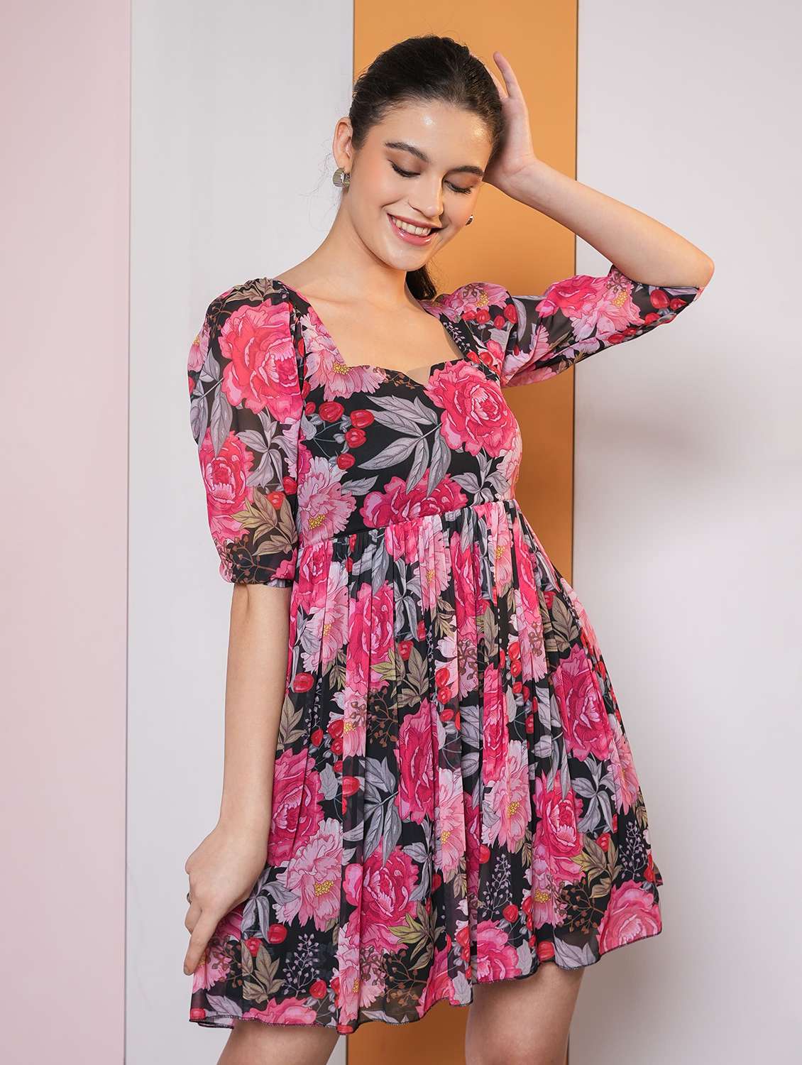 women printed puff sleeves fit and flare dress - 22553359 -  Standard Image - 1