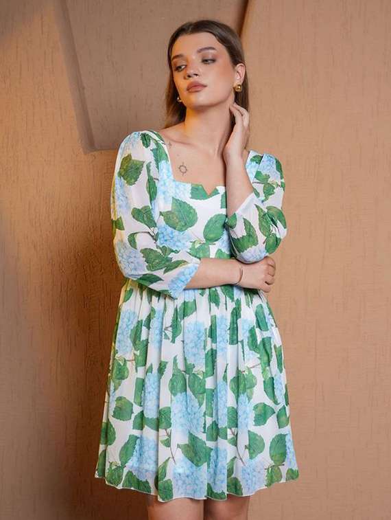 women printed three quarter sleeves fit and flare dress - 22553361 -  Standard Image - 1
