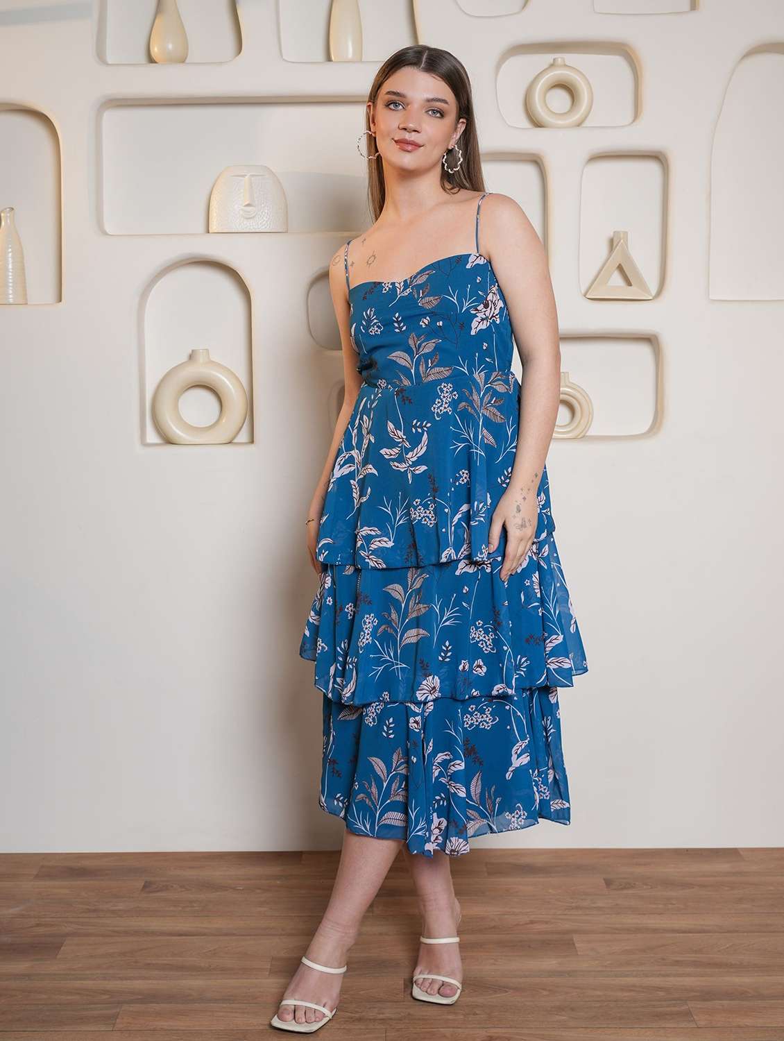 women printed shoulder strap layered dress - 22553370 -  Standard Image - 1