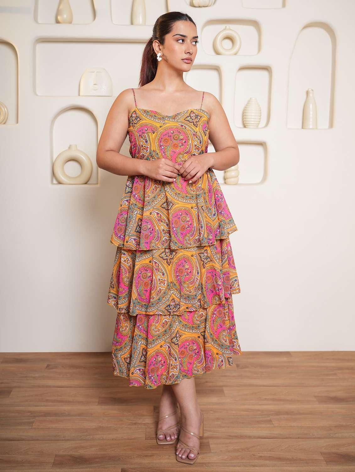 Women Printed Shoulder Strap Layered Dress - 22553371 -  Standard Image - 1