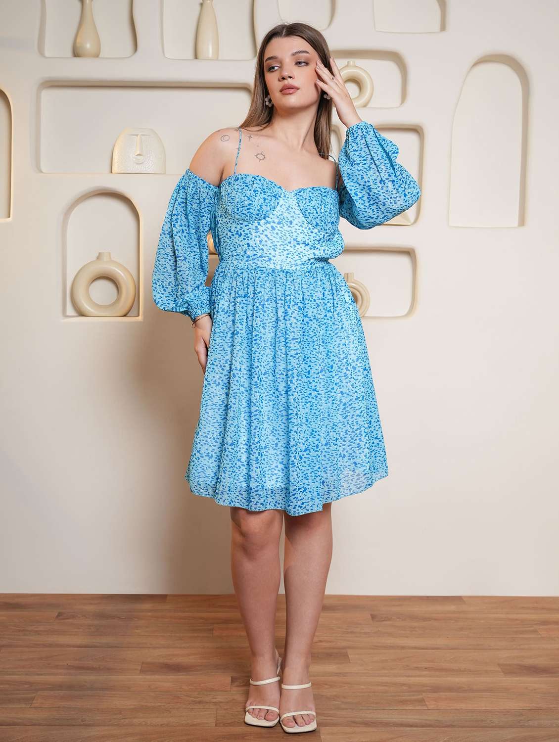 women printed cold shoulder fit and flare dress - 22553376 -  Standard Image - 1