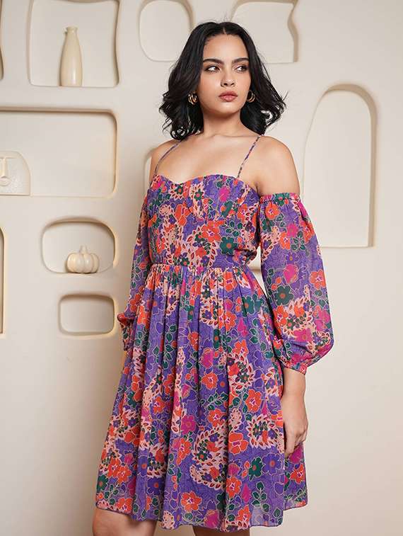 women printed cold shoulder fit and flare dress - 22553377 -  Standard Image - 1
