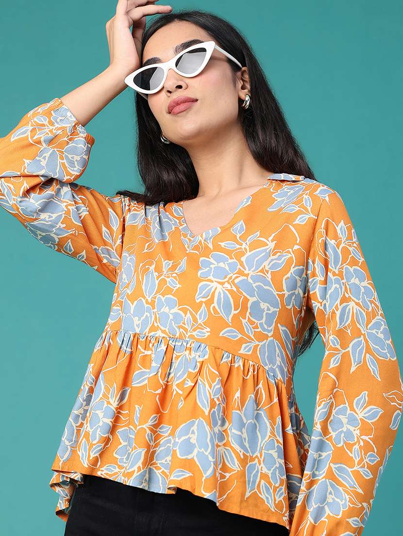 women printed long sleeves peplum top