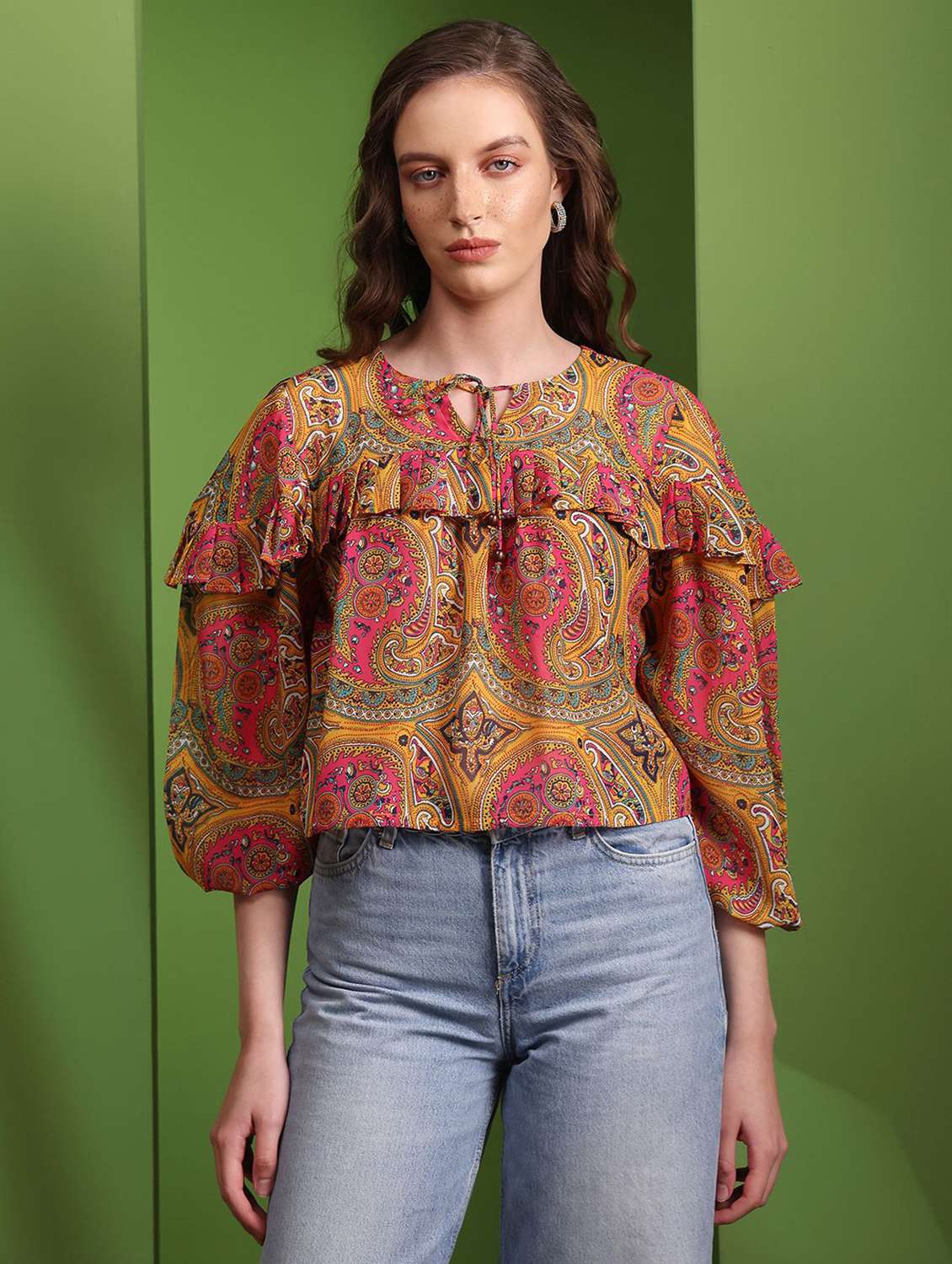 women printed three quarter sleeves crop top - 22553595 -  Standard Image - 1