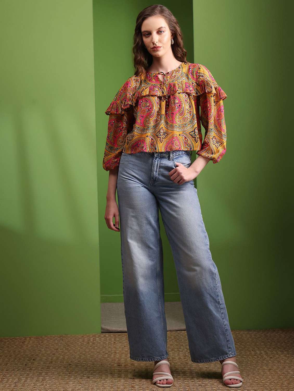 women printed three quarter sleeves crop top - 22553595 -  Standard Image - 4