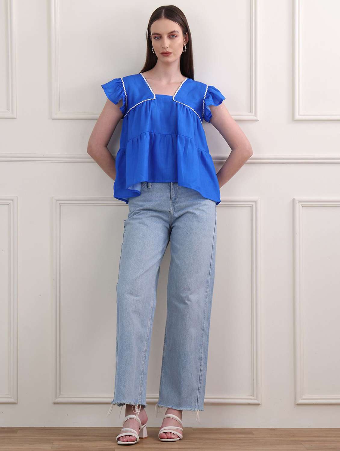 blue cotton blend tiered top - 22553610 -  Standard Image - 4