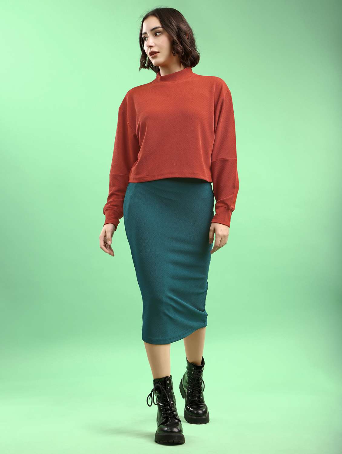 rust lycra blend top and skirt set coord