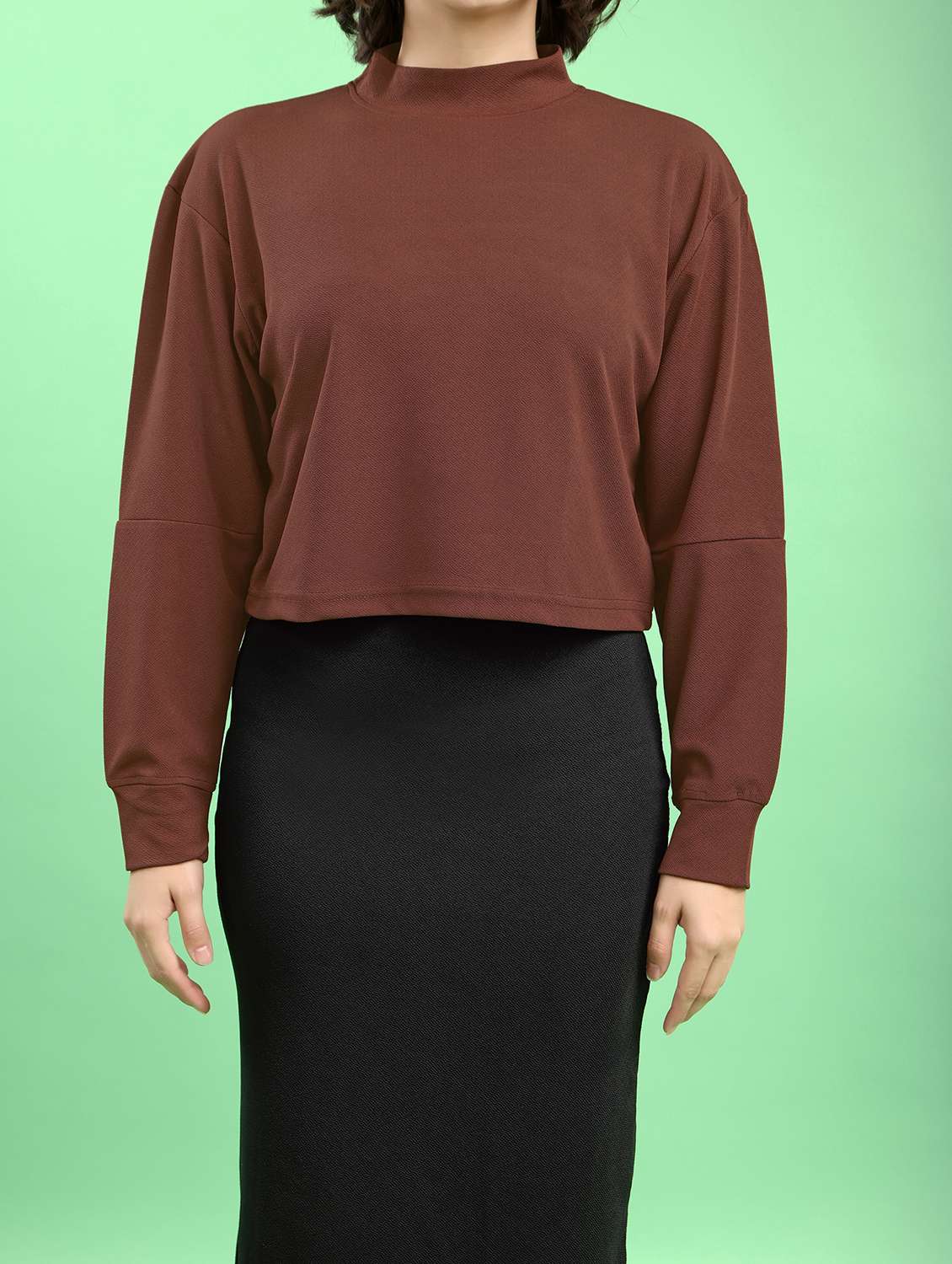 brown lycra blend top and skirt set coord - 22553729 -  Standard Image - 1