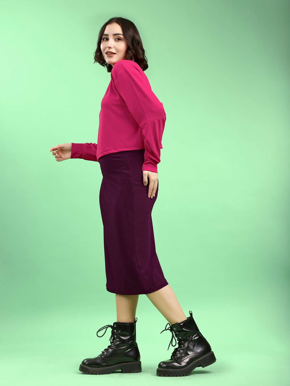 pink lycra blend top and skirt set coord - 22553730 -  Standard Image - 4