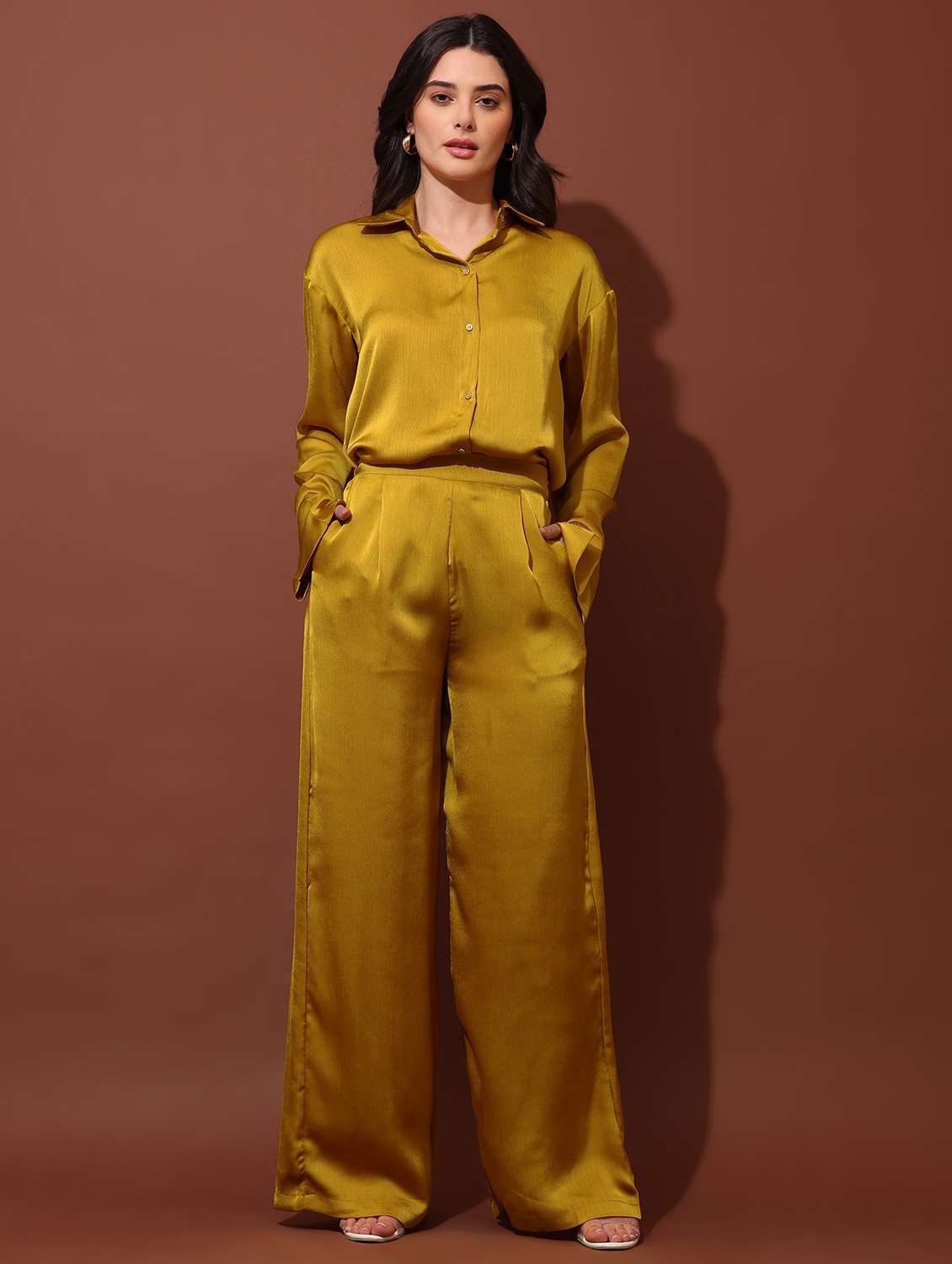 women solid long sleeves shirt and trouser co-ord set