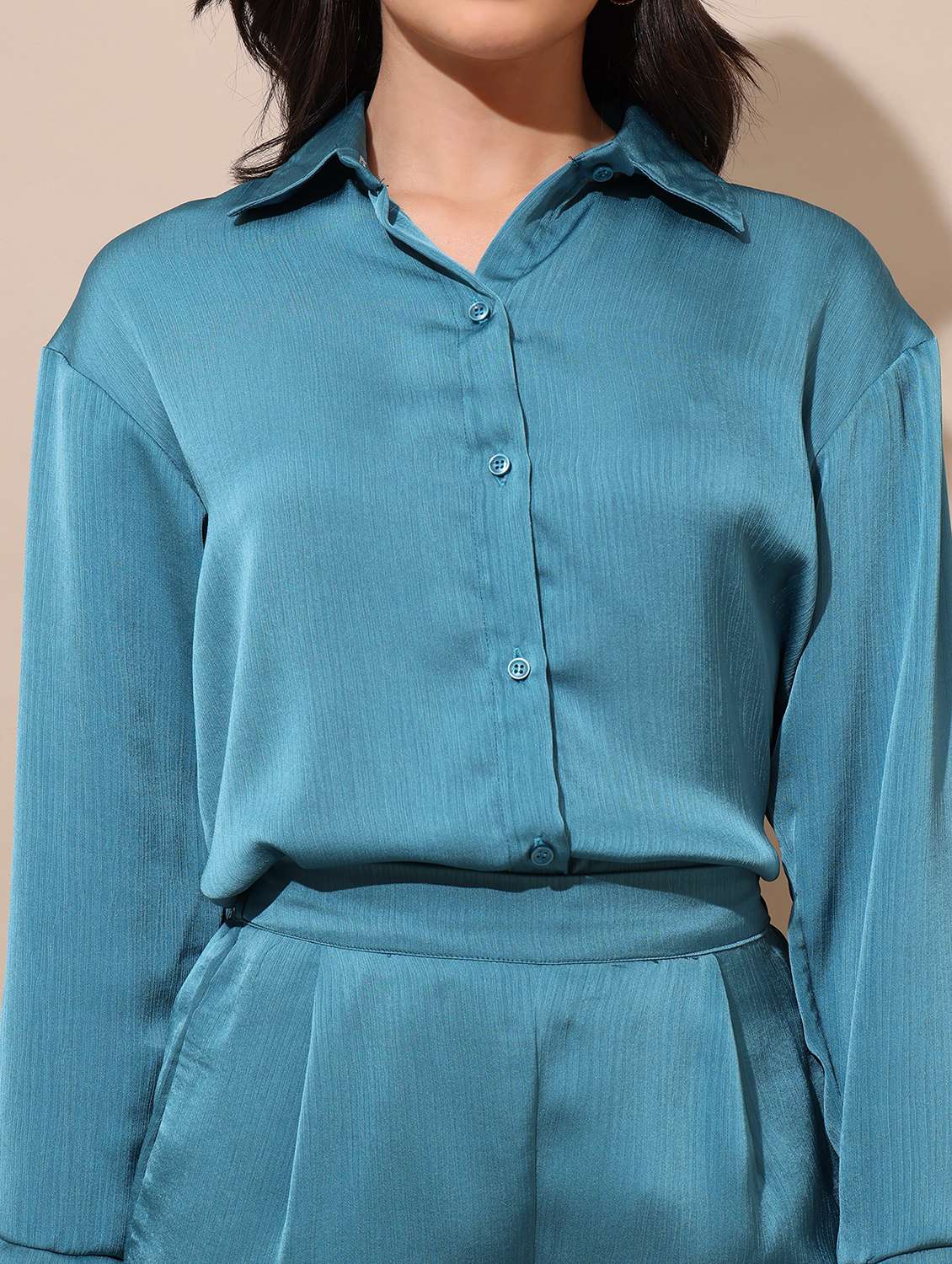 Women Solid Long Sleeves Shirt And Trouser Co-ord Set - 22553758 -  Standard Image - 1