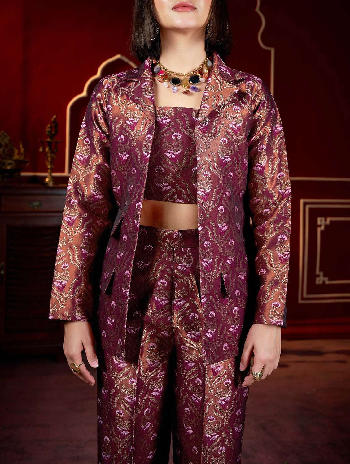 women self design long sleeves top and trouser set with jacket - 22553770 -  Standard Image - 1