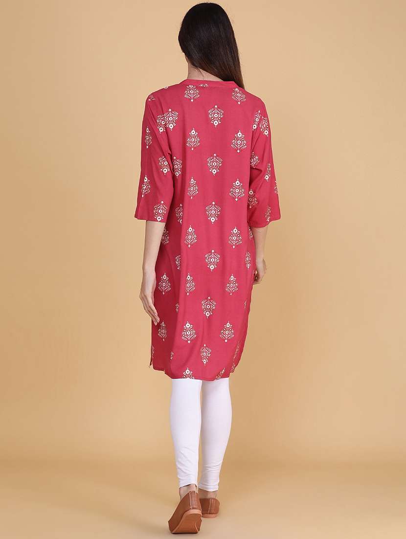 Women Printed Three Quarter Sleeve Straight Kurta - 22553915 -  Standard Image - 4