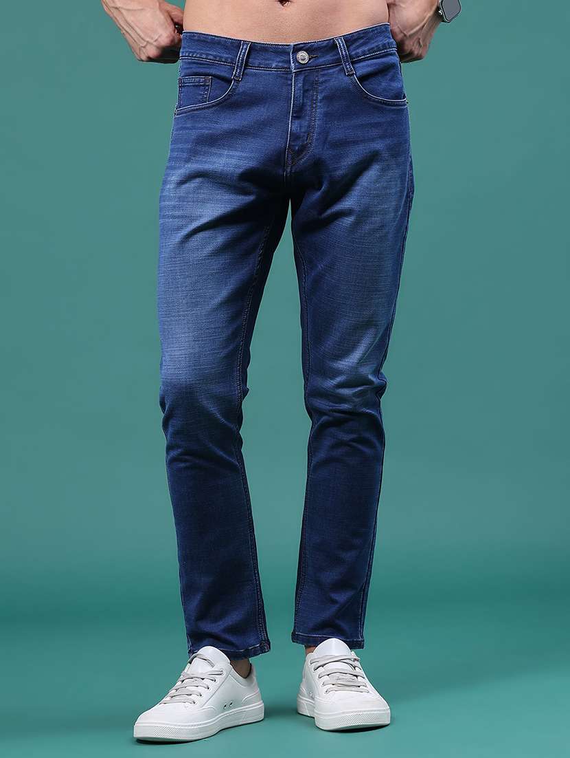 men washed mid rise full length slim fit jeans