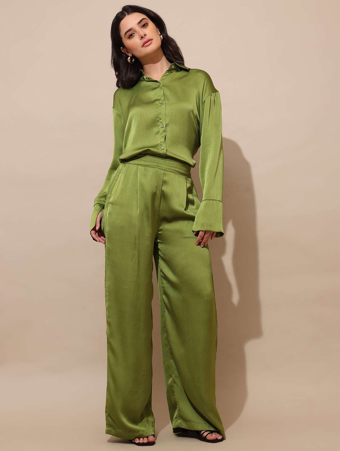 women solid long sleeves shirt  and trouser co-ord set