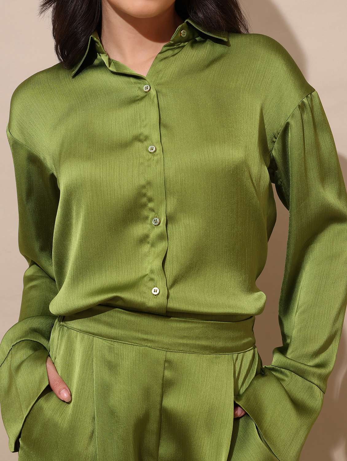 women solid long sleeves shirt  and trouser co-ord set - 22554102 -  Standard Image - 1