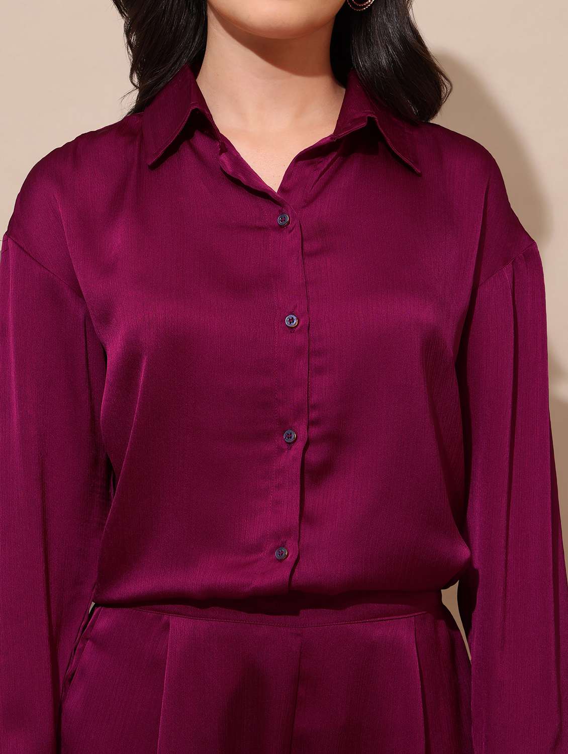 women solid long sleeves shirt and trouser co-ord set - 22554103 -  Standard Image - 1