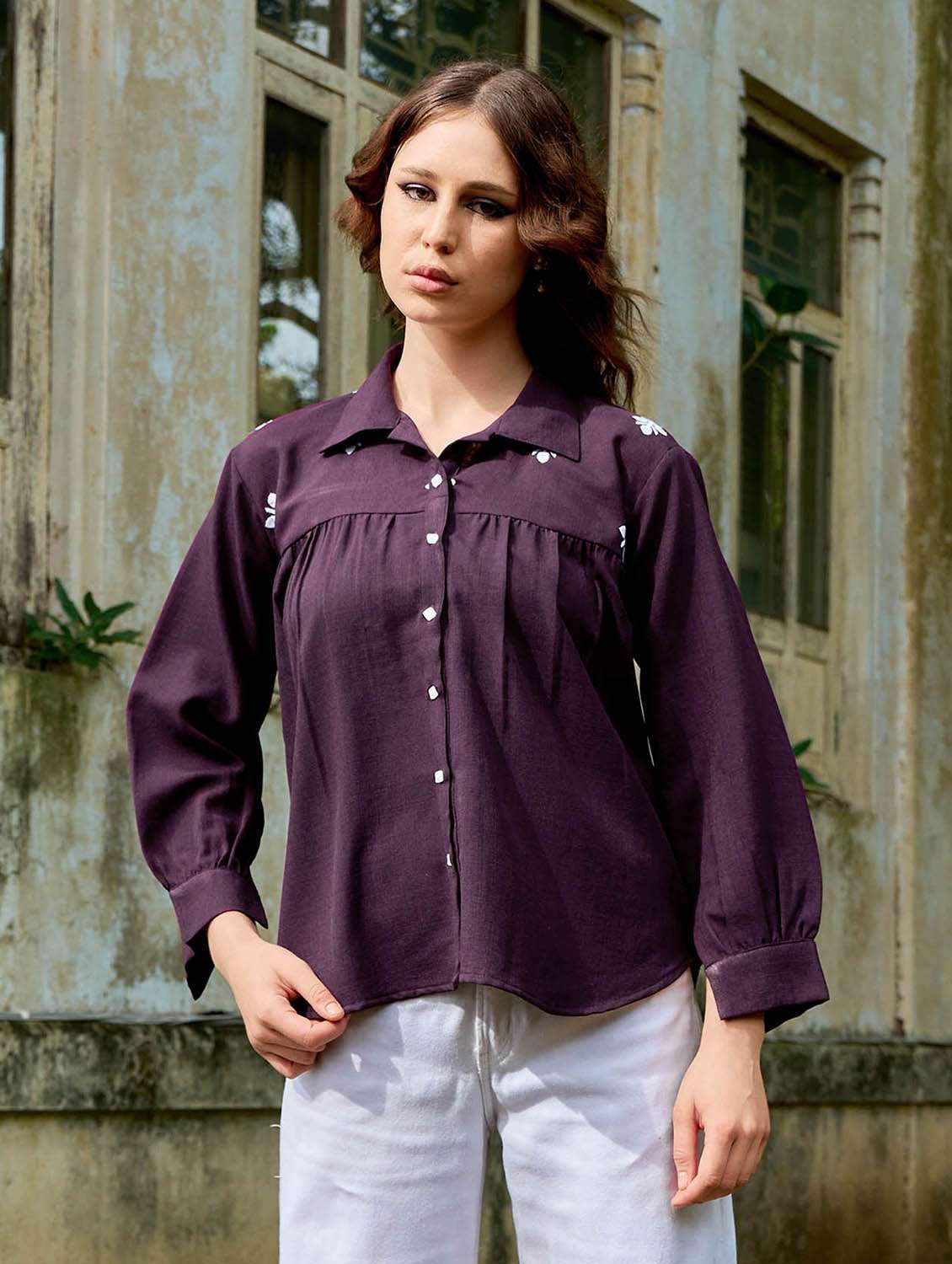 women embroidered long sleeves regular shirt
