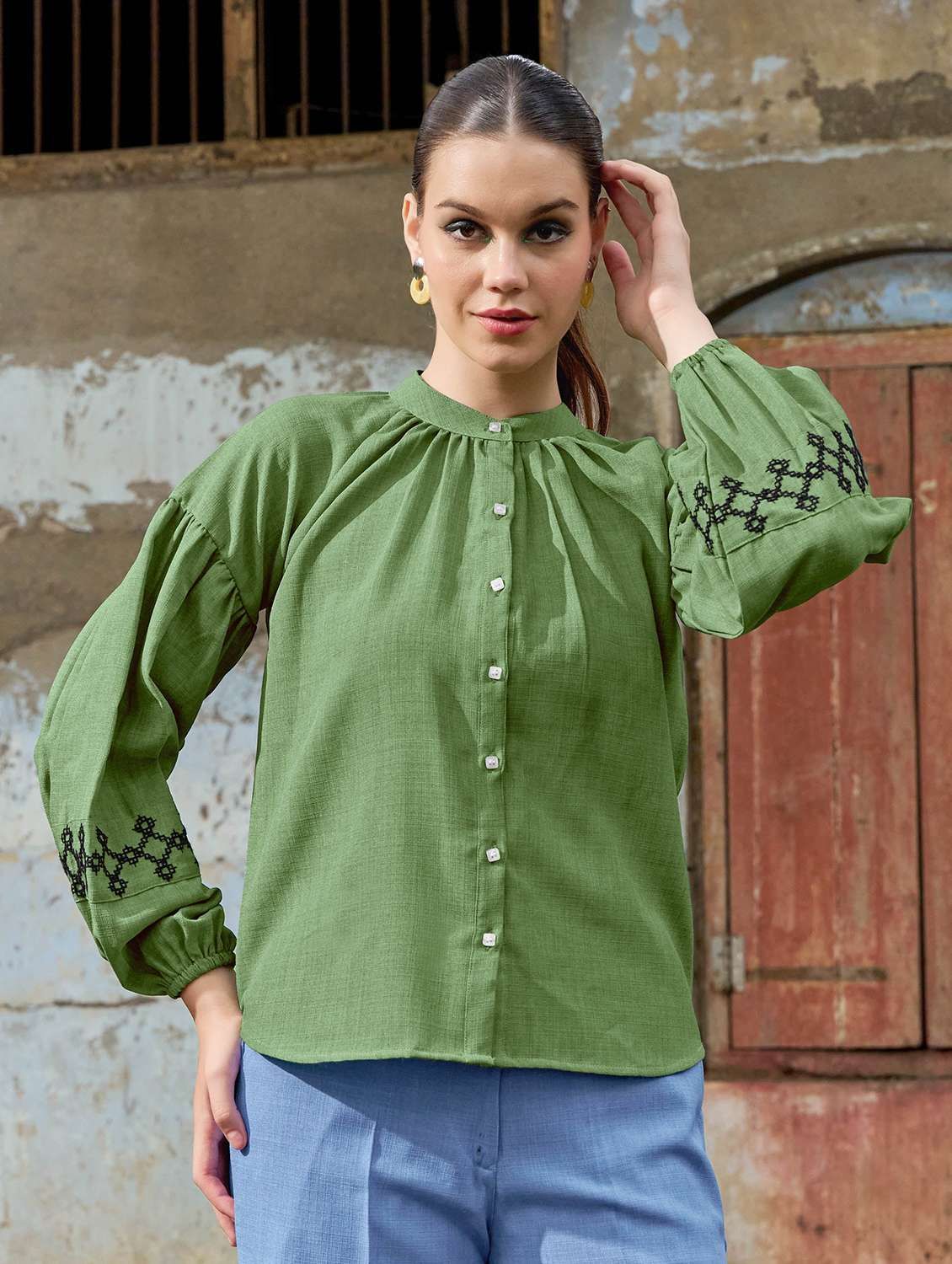 women embroidered long sleeves regular shirt
