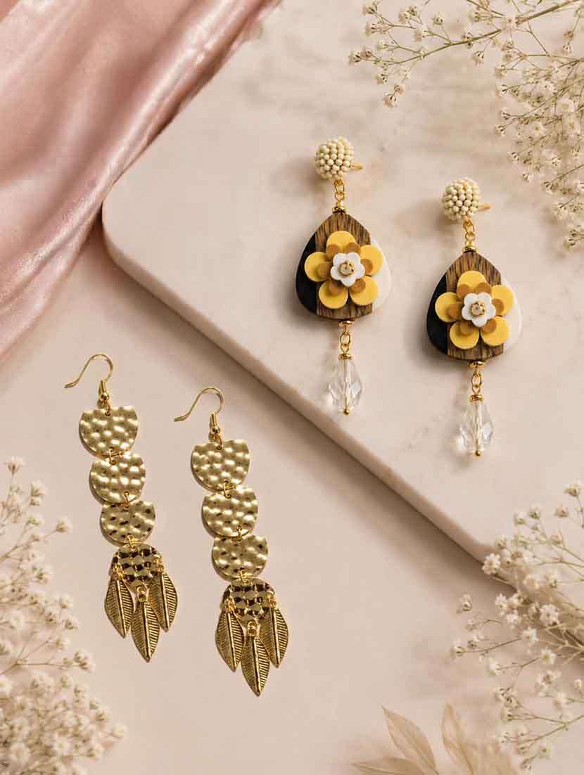 wood beads & brass metal drop earrings combo pack of 2