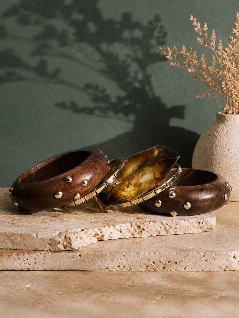 set of 5 wood metal & resin bangles for women