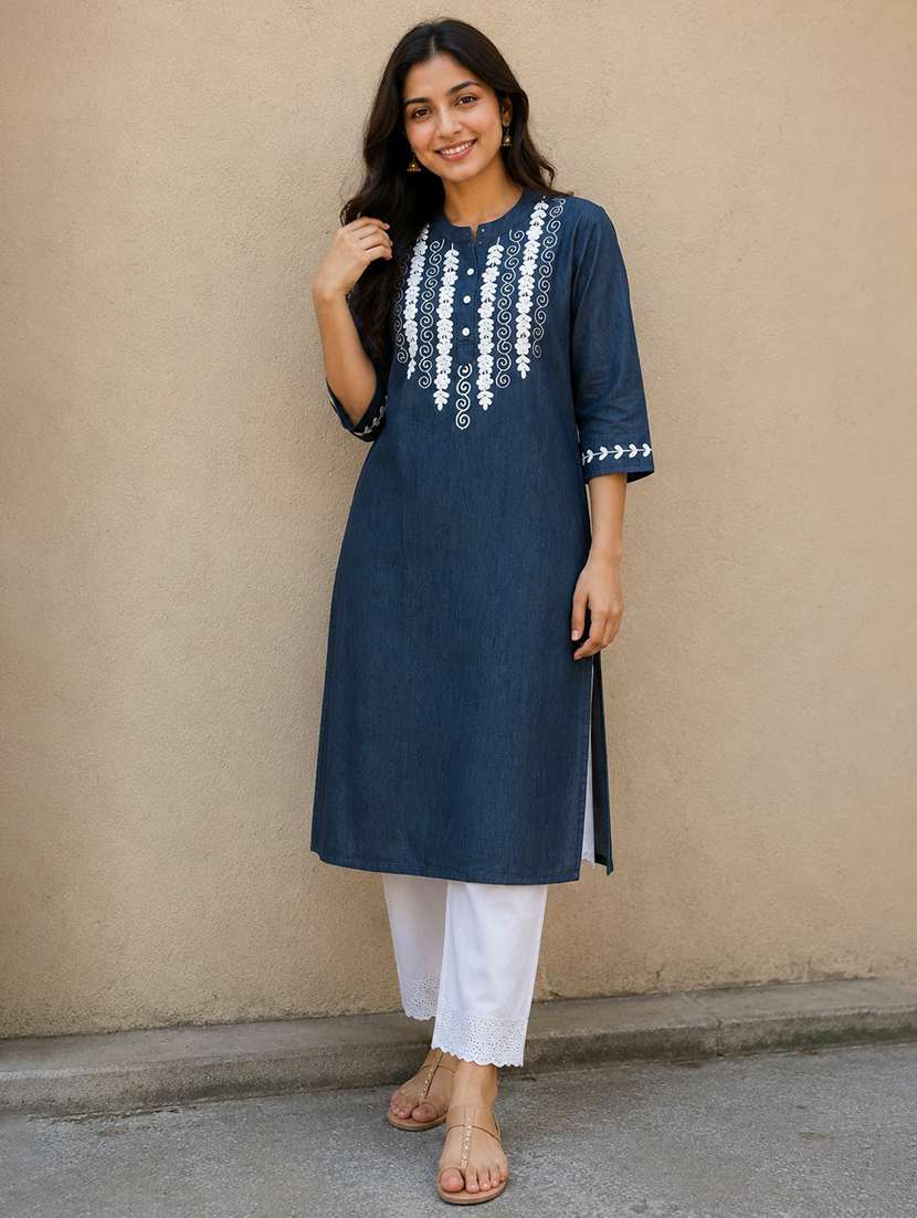 women embroidered three quarter sleeve straight kurta - 22554854 -  Standard Image - 1