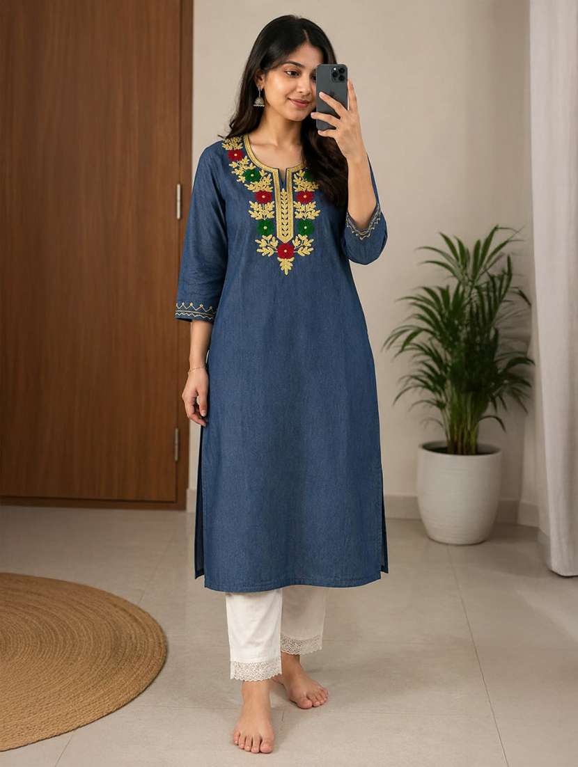 women embroidered three quarter sleeve straight kurta - 22554856 -  Standard Image - 1