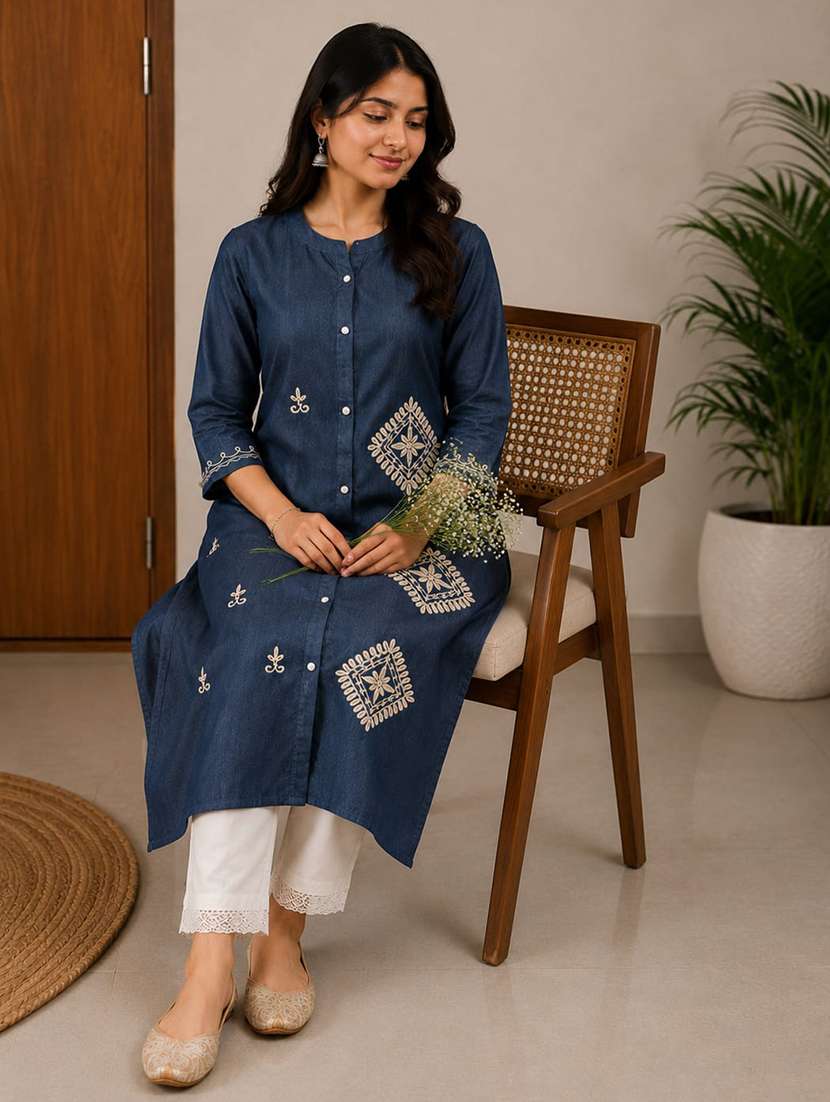 women embroidered three quarter sleeve straight kurta