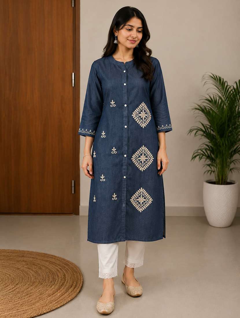 women embroidered three quarter sleeve straight kurta - 22554857 -  Standard Image - 1