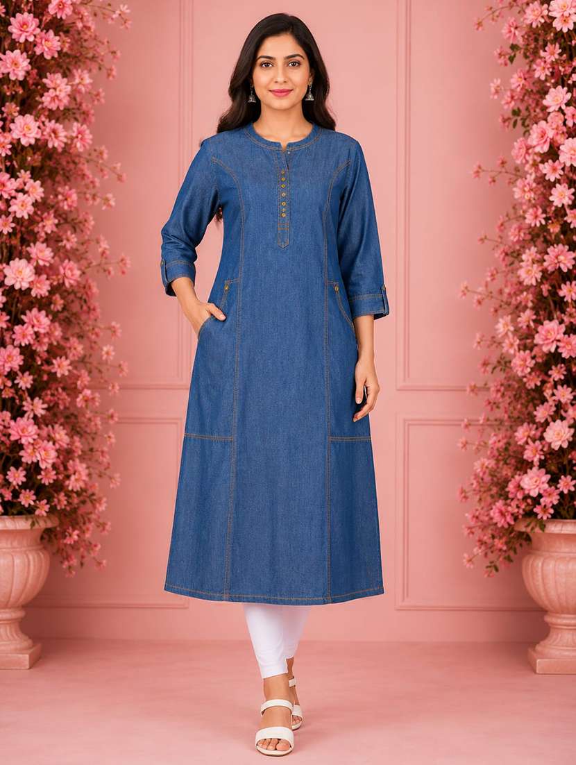 women solid three quarter sleeve a-line kurta - 22554860 -  Standard Image - 1
