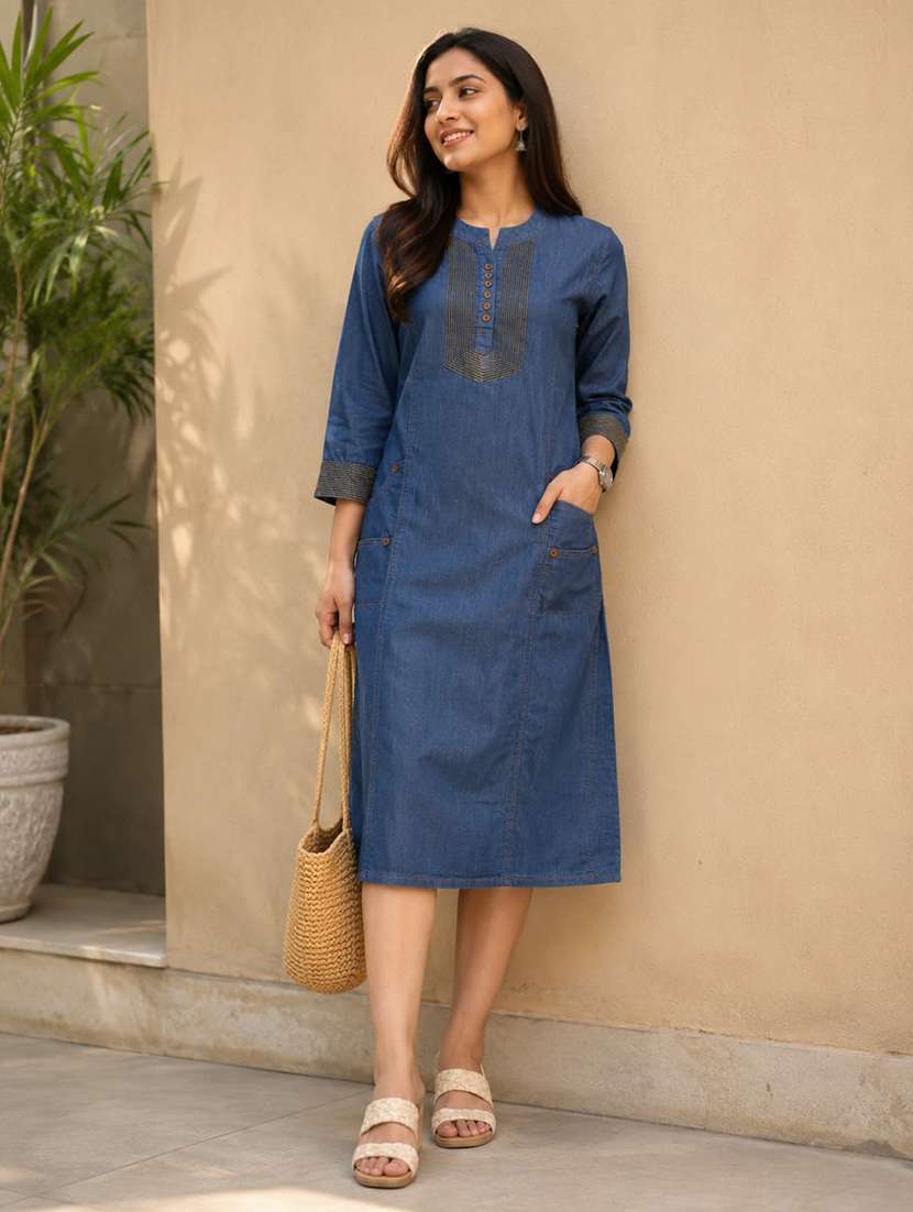 women embroidered three quarter sleeve a-line ethnic dress - 22554865 -  Standard Image - 1