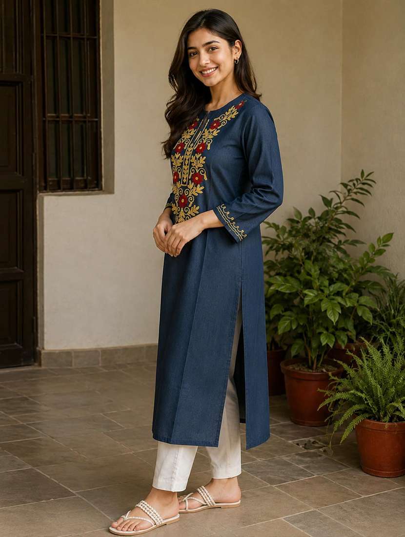 women embroidered three quarter sleeve straight kurta - 22554866 -  Standard Image - 1