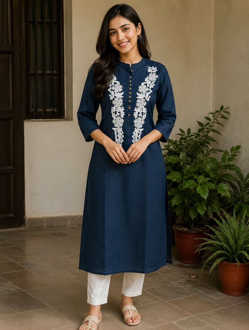women embroidered three quarter sleeve straight kurta - 22554867 -  Standard Image - 1