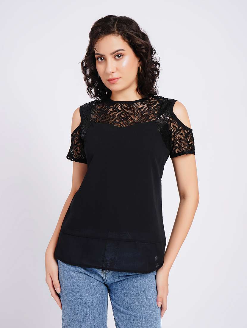 women self design cold shoulder regular top