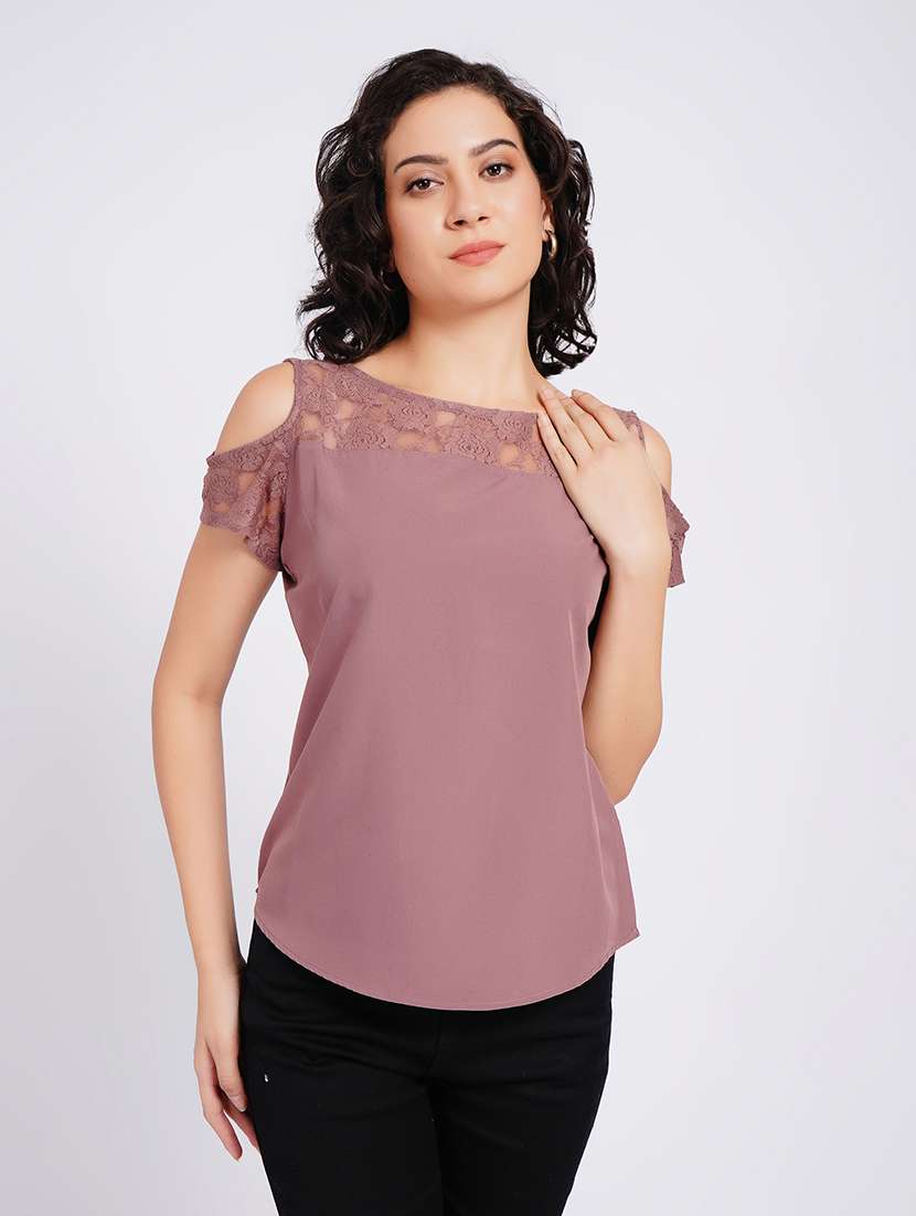 women self design cold shoulder regular top