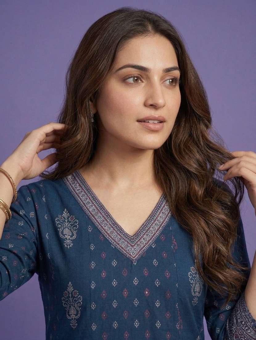 women printed three quarter sleeve a-line kurta - 22555036 -  Standard Image - 1