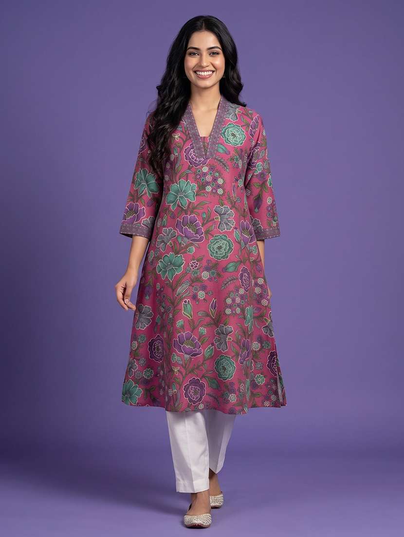 women printed three quarter sleeve a-line kurta