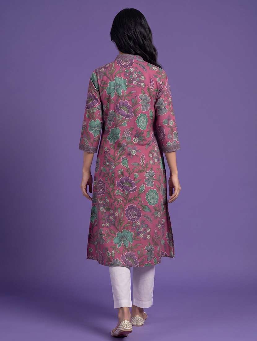 Women Printed Three Quarter Sleeve A-line Kurta - 22555046 -  Standard Image - 4