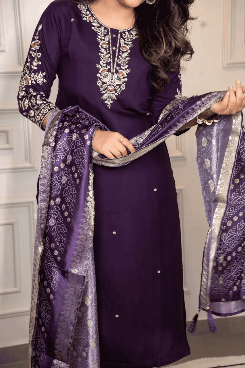 Women Embroidered Three Quarter Sleeve Kurta Pant With Dupatta Set - 22557201 -  Standard Image - 1