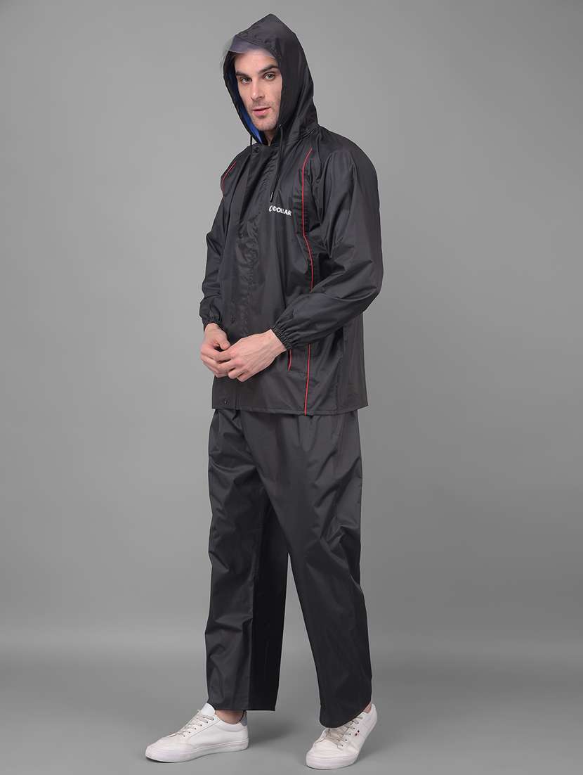 men solid long sleeve hooded rain suit set