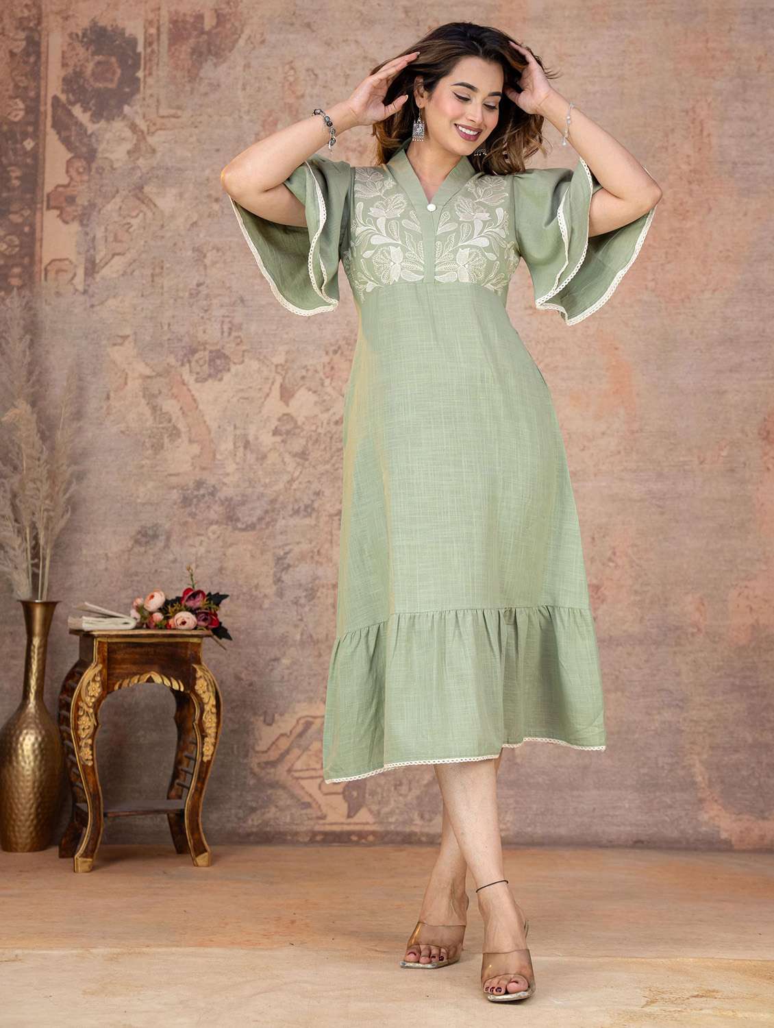 women embroidered flared sleeves tiered dress - 22558305 -  Standard Image - 4