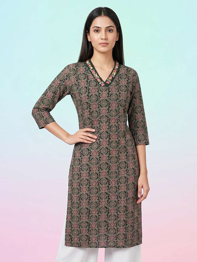 women printed three quarter sleeve straight kurta