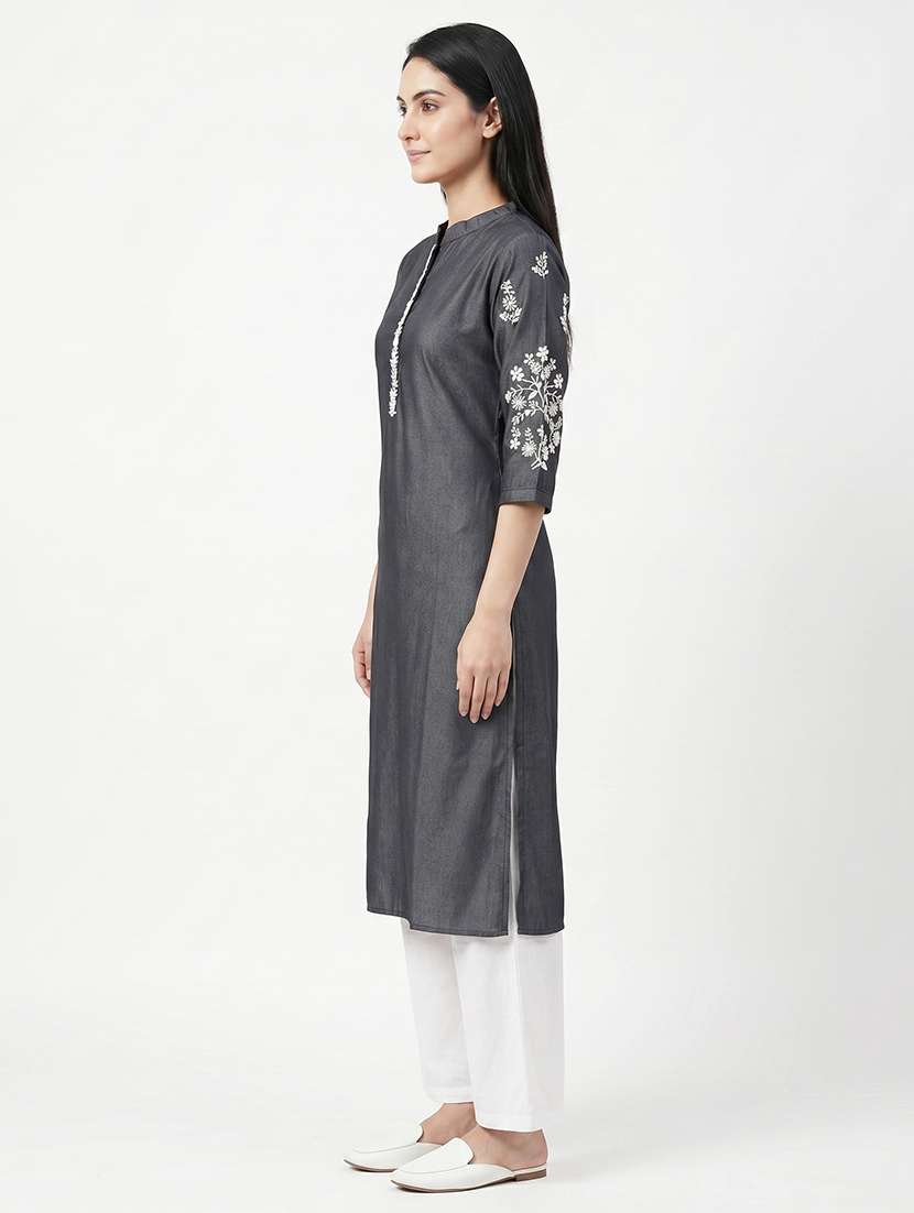 women embroidered three quarter sleeve straight kurta - 22558364 -  Standard Image - 4