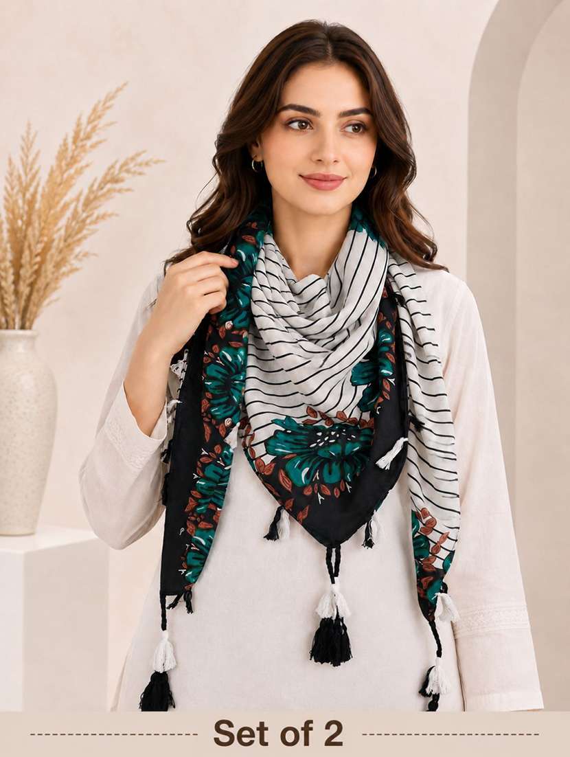 women pack of 2 printed scarf featuring with tassels
