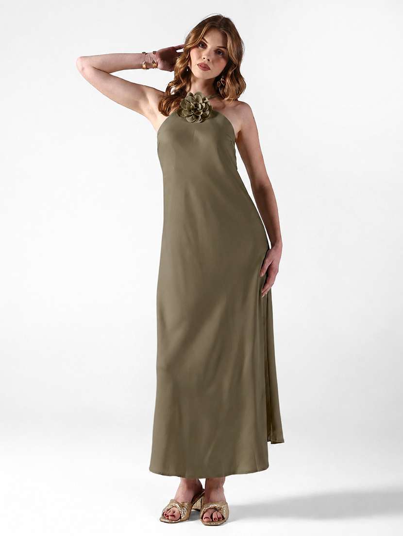women applique detailed halter neck a-line dress