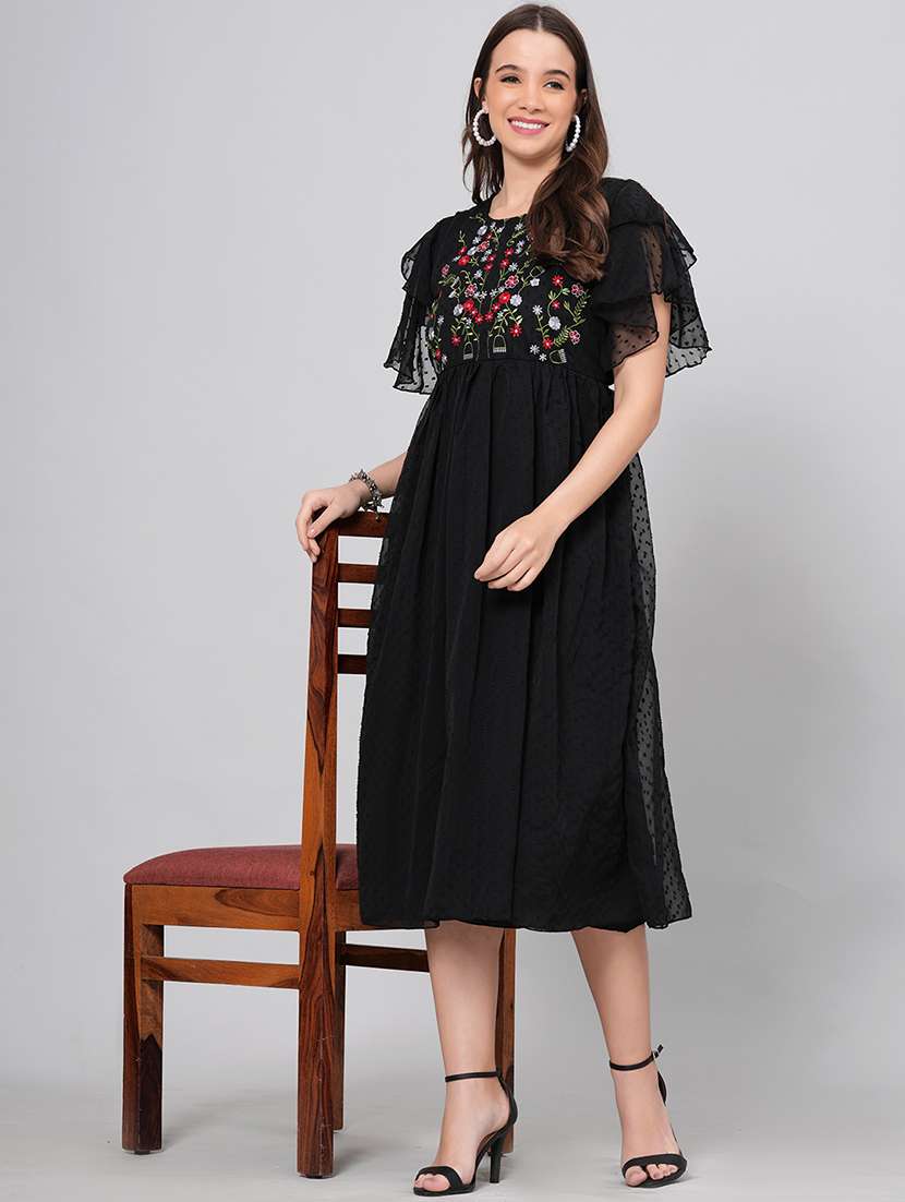 women self design flared sleeves fit and flare dress
